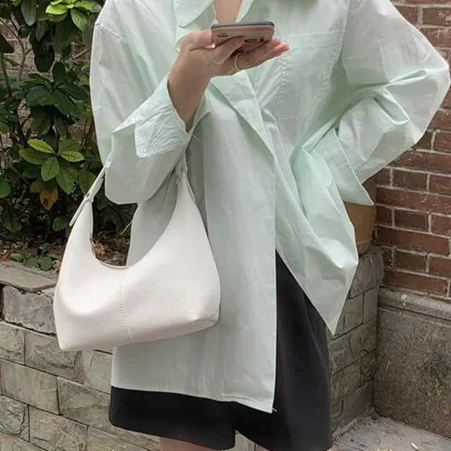 【baibeauty 白鳥麗子】優雅素色皮革拼接拉鏈手提/肩背包(水餃包)