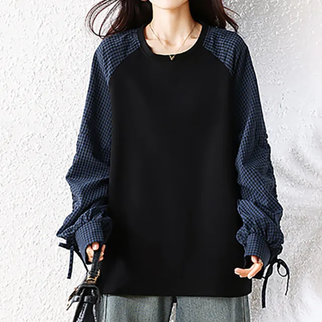 【麗質達人】8021黑藍格紋假二件上衣-LY(L-4XL)
