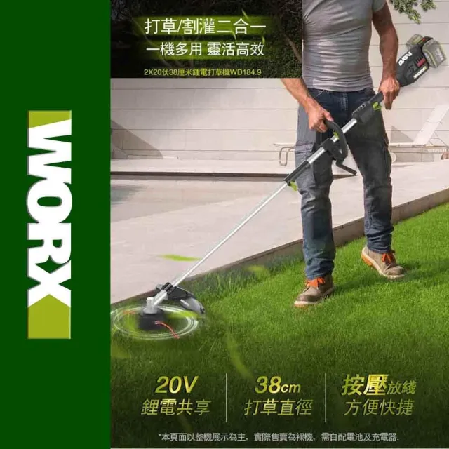 【WORX 威克士】40V 38cm 割草機 WD184(修草機 剪草機 打草機 無刷鋰電割草機 2合一 多功能 園藝)