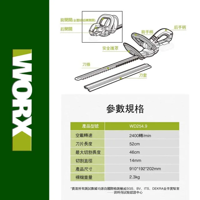 【WORX 威克士】20V 46cm 無刷鋰電修籬機 WD254.2(修籬機 籬笆剪 修枝 園藝 鋰電籬笆機 多功能修剪機)