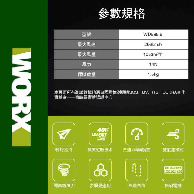 【WORX 威克士】40V 無刷鋰電吹風機 WD585.9(鼓風機 吹葉機 渦輪式 無刷 鋰電 吹塵 打掃 超大流量吹葉機)