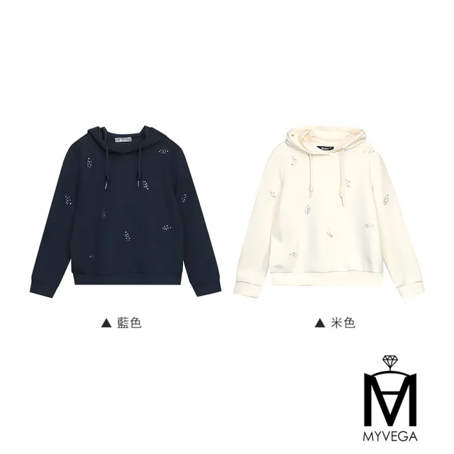 【MYVEGA 麥雪爾】MA空氣棉高質感工藝珠繡連帽抽繩上衣-共二色(太空棉/女上衣/高含棉/純棉/T恤)