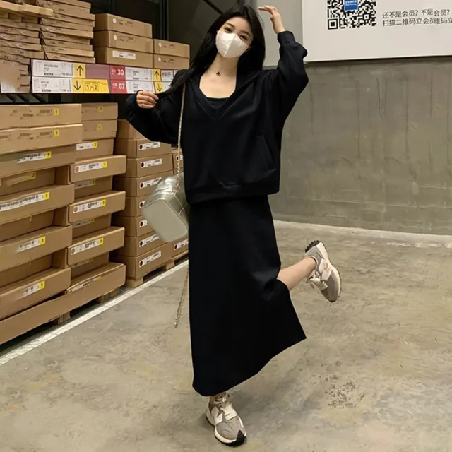 【D.studio】韓版寬鬆連帽上衣+背心長裙(套裝連身裙長袖上衣衣服保暖上衣冬天女裝大學T 連衣裙S347)