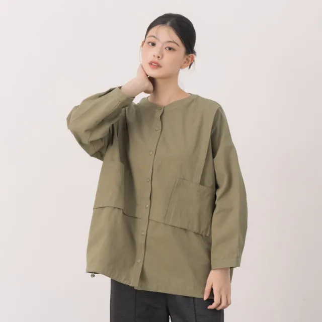 【MOSS CLUB】活片口袋圓領開襟襯衫(綠 米)