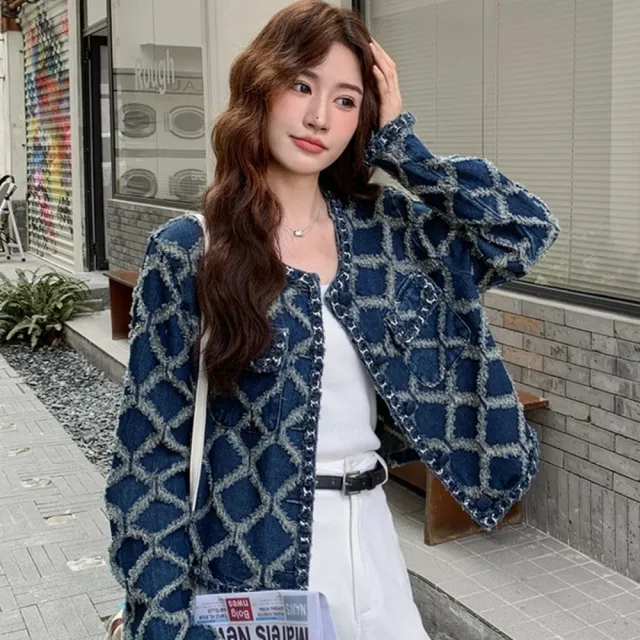 【巴黎精品】韓風牛仔外套經典丹寧夾克牛仔襯衫大碼休閒女裝(格紋毛邊牛仔女外套n1ln6)