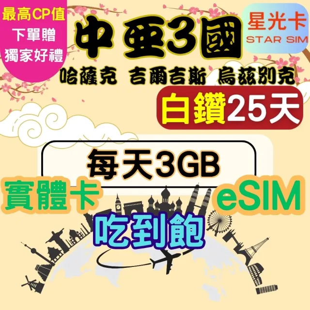 【Star SIM 星光卡】白鑽中亞 哈薩克斯坦 吉爾吉斯坦 烏茲別克斯坦25天每天3GB 吃到飽(實體卡 eSIM)