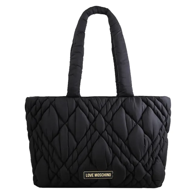 【MOSCHINO】LOVE MOSCHINO 金屬LOGO菱格紋厚尼龍托特包(黑)