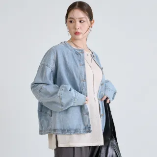 【M：MINb】無領開襟造型剪接牛仔外套(淺藍/中大尺碼女裝/牛仔/牛仔外套/大尺碼女裝/外套)