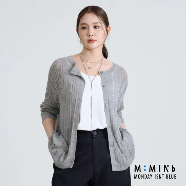 【M：MINb】鏤空透膚開襟針織外套(灰色/中大尺碼女裝/針織/針織外套/大尺碼女裝/外套)