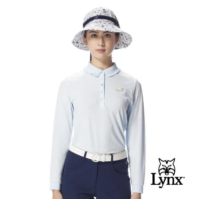 【Lynx Golf】女款吸濕排汗抗UV兩側開岔胸前刺繡緹花造型POLO衫(二色)