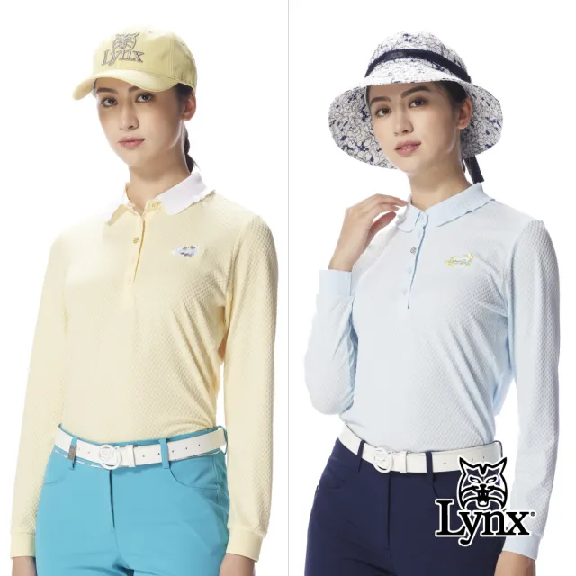 【Lynx Golf】女款吸濕排汗抗UV兩側開岔胸前刺繡緹花造型POLO衫(二色)