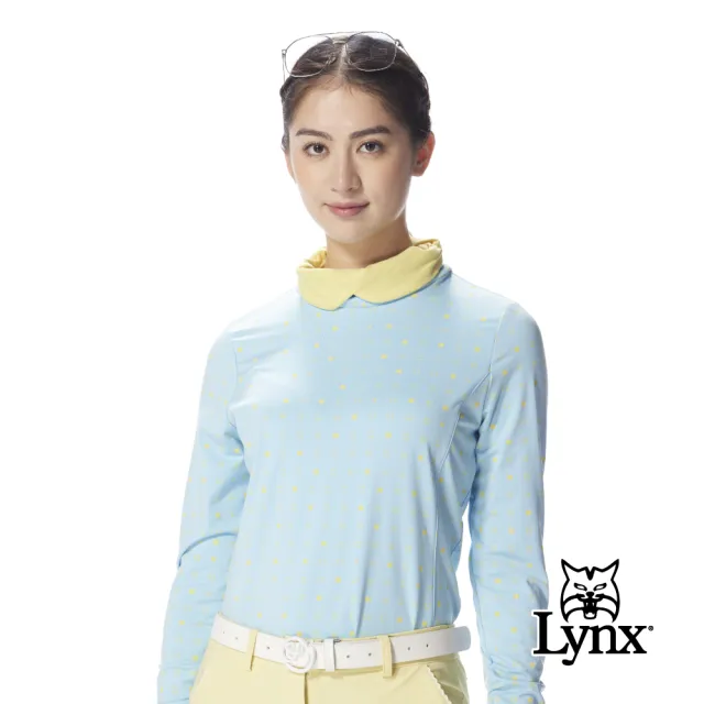 【Lynx Golf】女款保暖舒適合身剪裁滿版LOGO設計撞色造型翻領長T(二色)