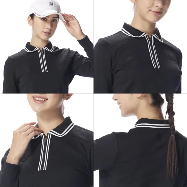 【Lynx Golf】首爾高桿風格！女款合身吸排機能電腦領滿版緹花LOGO拉鍊POLO衫(二色)