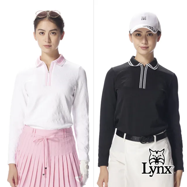 【Lynx Golf】首爾高桿風格!女款合身吸排機能電腦領滿版緹花LOGO拉鍊POLO衫(二色)