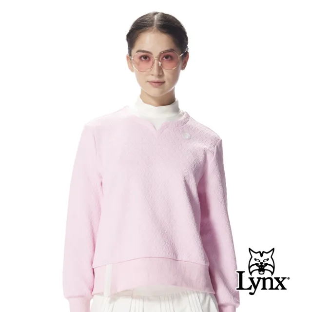 【Lynx Golf】首爾高桿風格！女款寬鬆短版撞色假兩件小V領拼接半高領長T(二色)