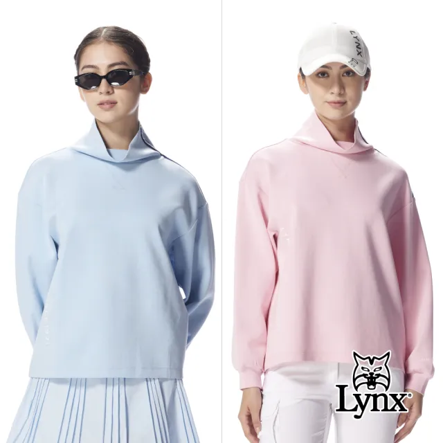 【Lynx Golf】首爾高桿風格!女款寬鬆短版寬式高領條紋織帶設計長T(二色)