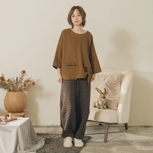 【MOSS CLUB】格子拼接素面開釦縮口長褲(黑 咖)