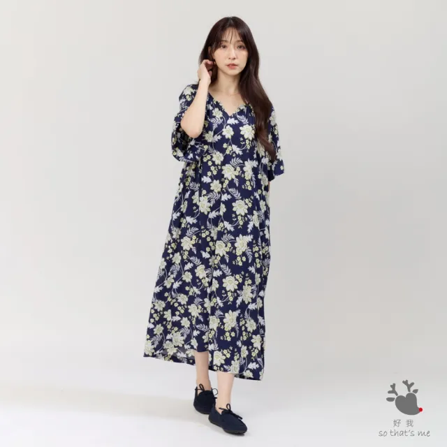【so that’s me 好我】Kelly小V領拋袖長洋裝(丈青琴花)