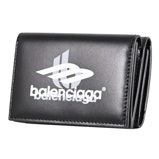 【Balenciaga 巴黎世家】品牌重疊LOGO滑面牛皮三折雙面零錢小短夾(黑)