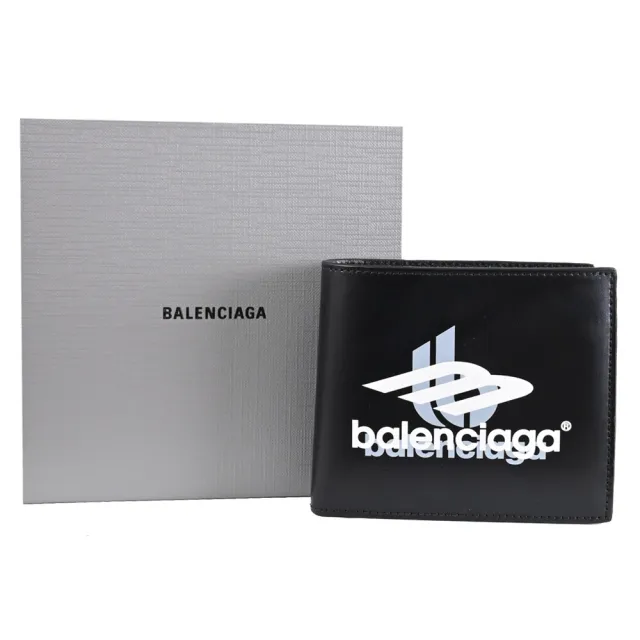 【Balenciaga 巴黎世家】品牌重疊LOGO滑面牛皮雙層零錢短夾(黑)