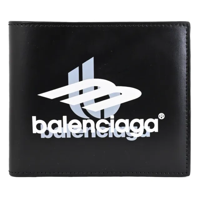 【Balenciaga 巴黎世家】品牌重疊LOGO滑面牛皮雙層零錢短夾(黑)