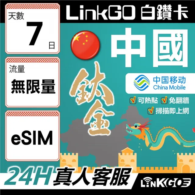 【LINKGO】白鑽卡 中國大陸 eSIM卡 7天鈦金卡吃到飽 免翻牆支援LINE FaceBook(中國網卡 大陸 西藏 新疆)