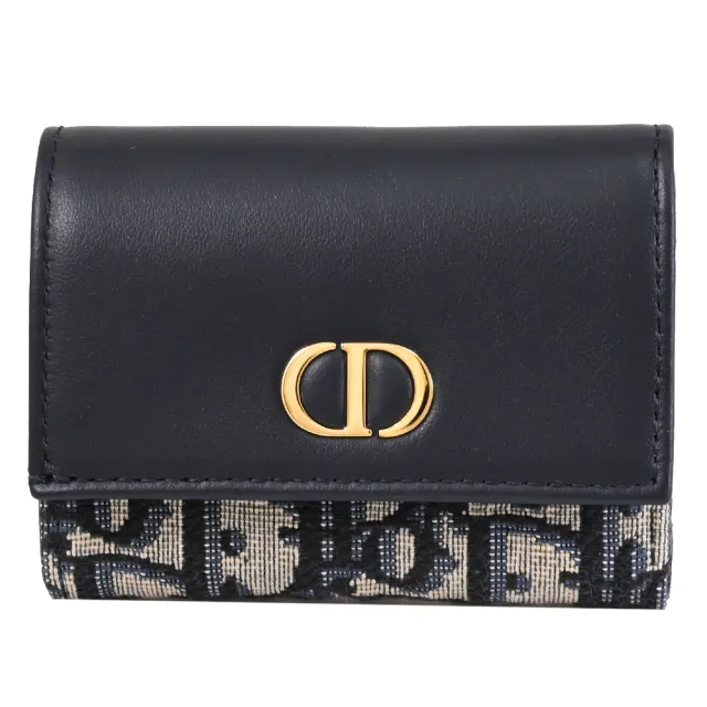 【Dior 迪奧】30 Montaigne Veronia 品牌LOGO緹花拼接簡易小短夾(深藍)