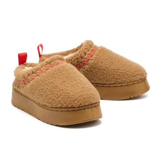 【MELROSE】美樂斯 波西米亞風菱格車線仿羔羊毛布厚底休閒穆勒拖鞋(駝)