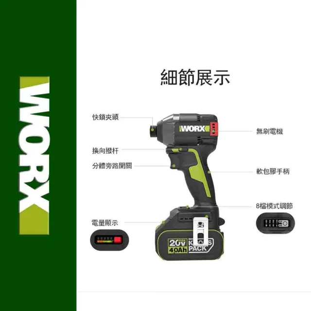 【WORX 威克士】20V 230N.m 電動起子機 WU291D.9(8 段速 衝擊起子 無刷鋰電衝擊起子機 超短軸)