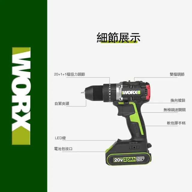 【WORX 威克士】20V 13mm 衝擊鑽 WU369.4(電鑽 無刷電機 鋰電無刷 無刷鋰電衝擊電鑽 可鑽牆 鑽孔 無線鑽擰)