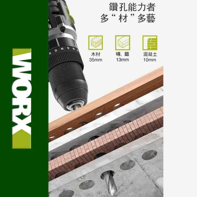【WORX 威克士】20V 13mm 衝擊鑽 WU369.9(電鑽 無刷電機 鋰電無刷 無刷鋰電衝擊電鑽 可鑽牆 鑽孔 無線鑽擰)