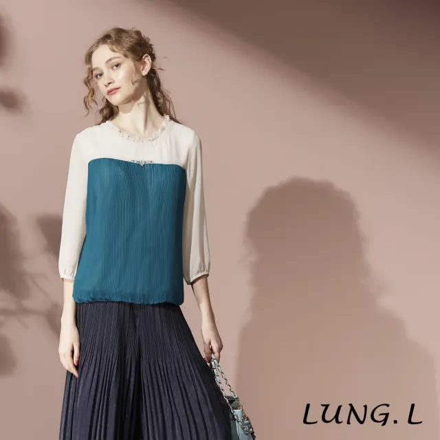 【LUNG.L 林佳樺】LT19A 湖水藍壓摺拼接米色雪紡七分袖女裝上衣(秋冬新品)