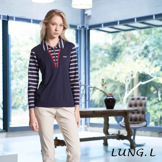 【LUNG.L 林佳樺】LT92A 藍色素面拼接紅藍條紋假2件式長袖女裝上衣(秋冬新品)