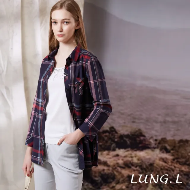 【LUNG.L 林佳樺】LT43A 藍紅大格紋長版棉質女裝襯衫(秋冬新品 加大尺碼)