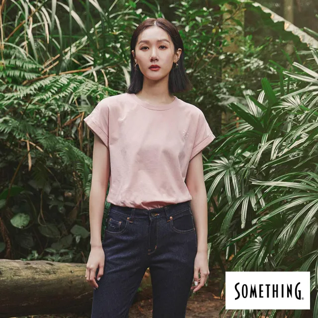 【SOMETHING】女裝 森林反摺袖短袖T恤(淡粉色)