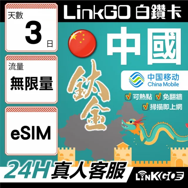【LINKGO】白鑽卡 中國大陸 eSIM卡 3天鈦金卡吃到飽 免翻牆支援LINE FaceBook(中國網卡 大陸 西藏 新疆)