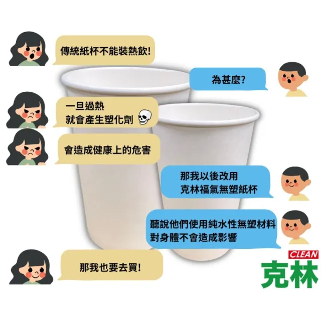【CLEAN 克林】箱售 12oz 無塑福氣紙杯1000入(台灣製造 紙杯 無淋膜 冷熱兩用 咖啡杯 飲料杯 環保杯)