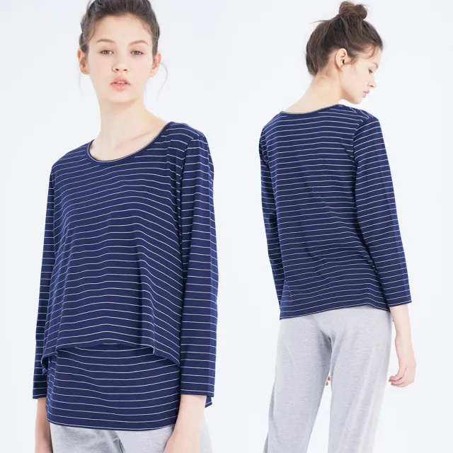 【Gennies 奇妮】親膚棉質居家哺乳衣-藍白條(孕婦裝 月子服 居家服 睡衣 長袖 假二件 上掀哺乳)