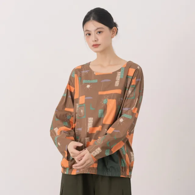 【MOSS CLUB】撞色色塊圖形印花打褶長袖上衣(藍 黑 杏 咖 灰)