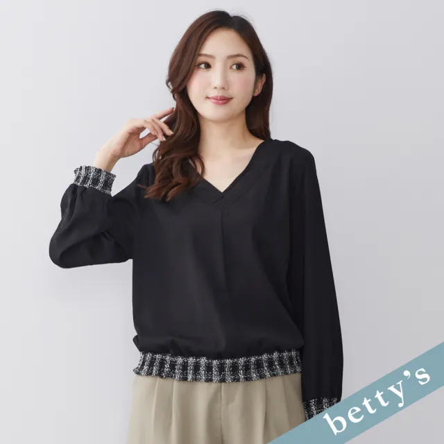 【betty’s 貝蒂思】出清品  多彩織紋鬆緊拼接V領上衣(黑色)