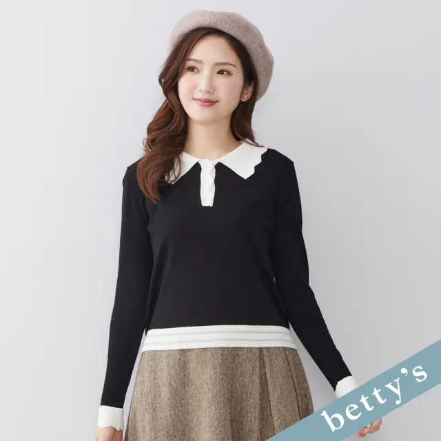 【betty’s 貝蒂思】出清品  撞色雲朵邊翻領針織上衣(黑色)