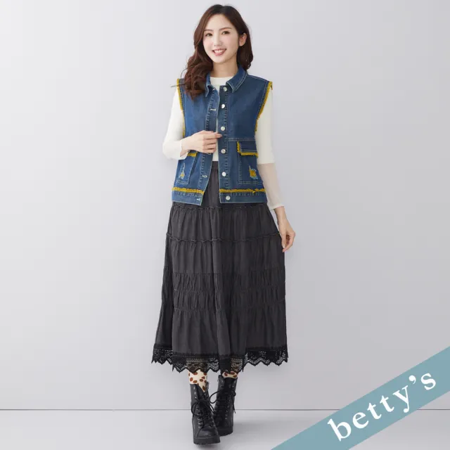 【betty’s 貝蒂思】出清品  跳色鬚邊刷破牛仔背心(深藍)
