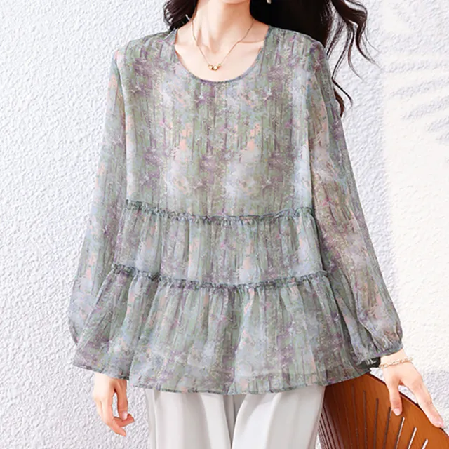 【麗質達人】8320圓領水墨印花上衣-LY(L-5XL)