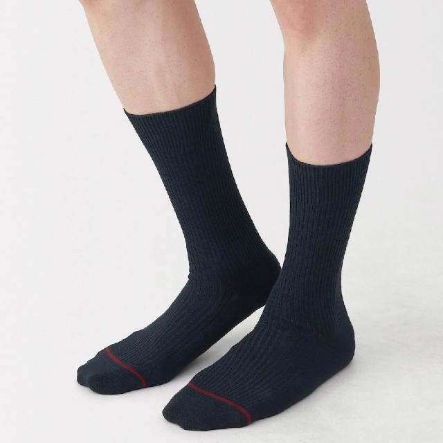 【MUJI 無印良品】男棉保暖螺紋直角襪 25-27cm(黑色/暗藍)