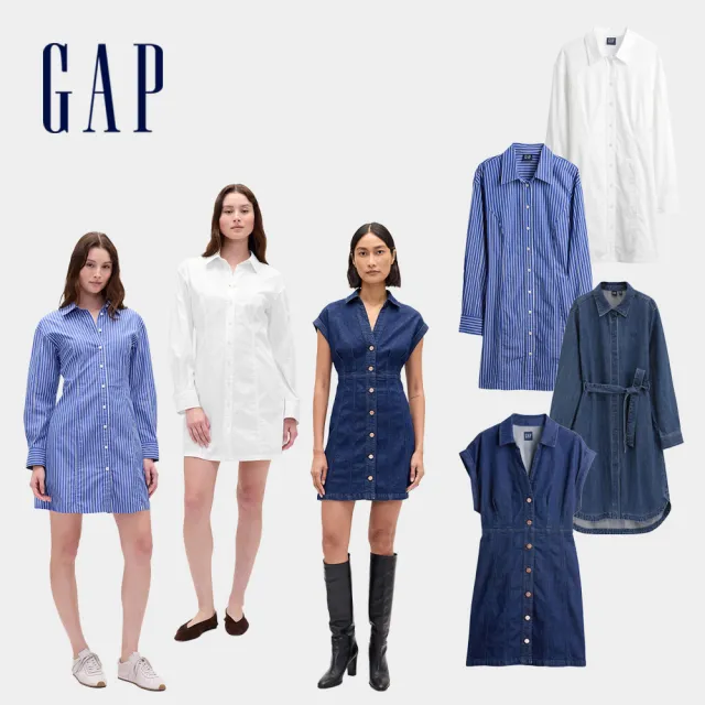 【GAP】女裝 刺繡翻領長袖/短袖牛仔洋裝-多色任選(815979&793219&815740)