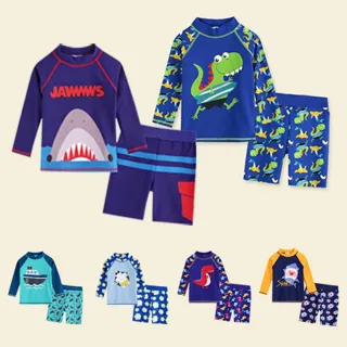 【橘魔法】恐龍 鯊魚 北極熊 紅龍 男童長袖防曬泳衣+泳褲(兩件式 泳裝 兒童 水母衣 男童 長袖 泳衣)