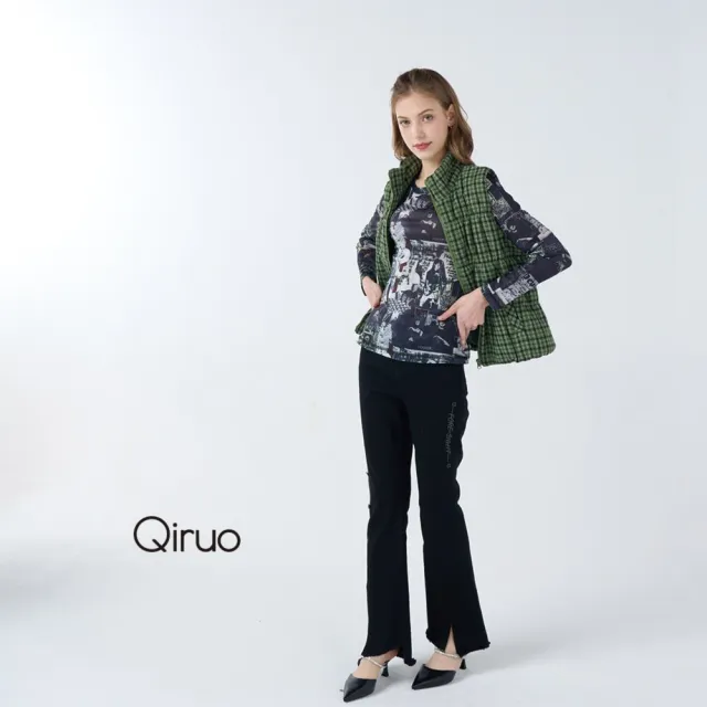 【Qiruo 奇若名品】牛仔彈性布料 褲管開叉造型 黑色小喇叭褲4007C 