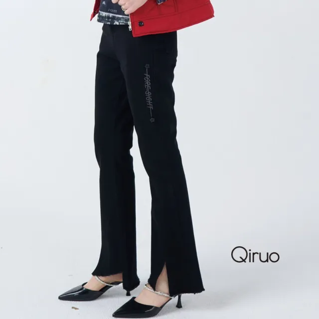【Qiruo 奇若名品】牛仔彈性布料 褲管開叉造型 黑色小喇叭褲4007C