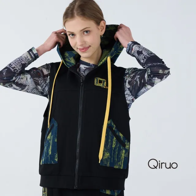 【Qiruo 奇若名品】特殊厚布料含內裡 拉鍊夾克式黑綠色連帽背心6042D 