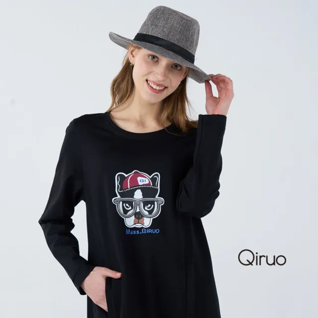 【Qiruo 奇若名品】厚彈性棉質 圓領下擺荷葉黑色長袖洋裝7114F